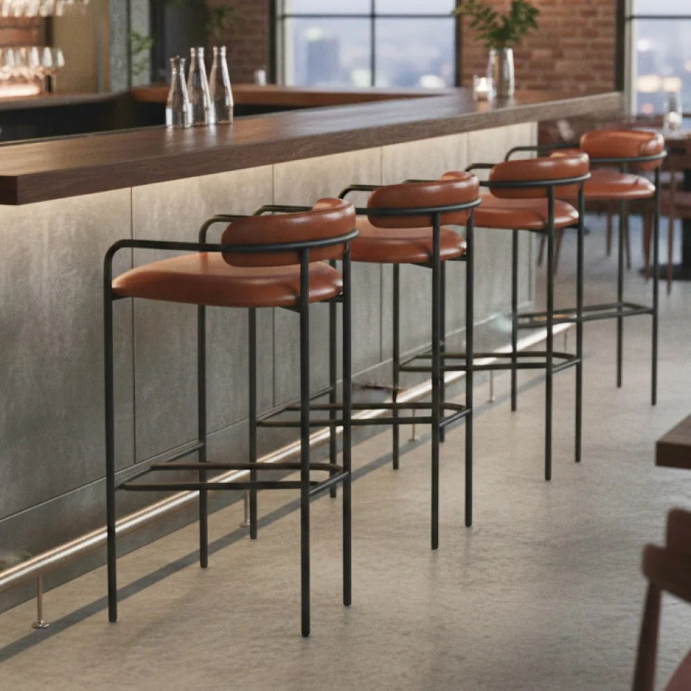 Contemporary Industrial Metal Frame Synthetic Leather Upholstered Bar Stool For Commercial Restaurant Use Bistro High Chairs