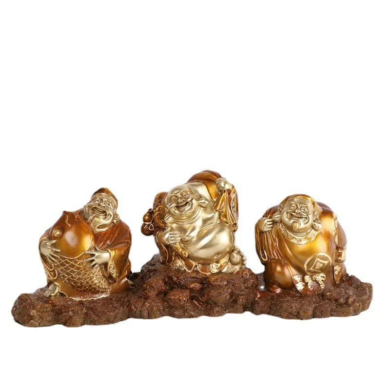 God of Wealth Maitreya Buddha living room office decoration, copper three lucky god ornament three lucky gods