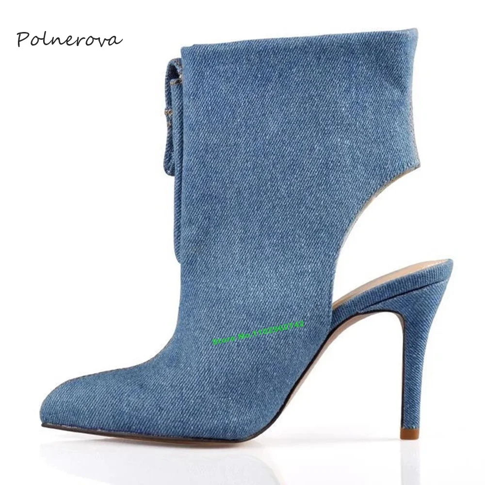 Botas altas de joelho jeans azul para mulheres, botas de salto alto finas, decoração de bolso, banquete de pista, mais recente, 2023