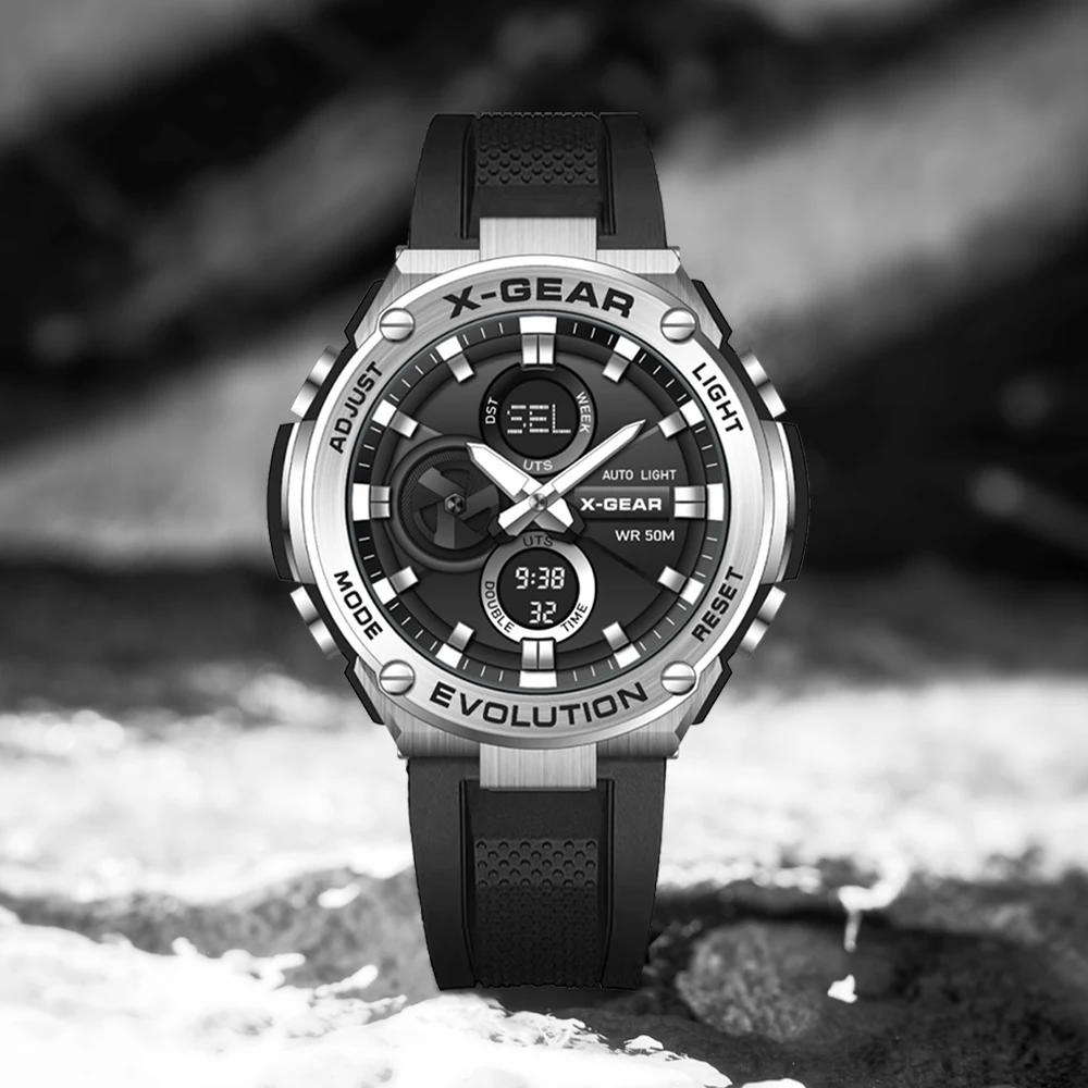 Relojes deportivos X-GEAR para hombre, reloj de pulsera de cuarzo con pantalla Dual resistente al agua hasta 5ATM, cronógrafo, alarma, fecha, semana, correa de goma para hombre