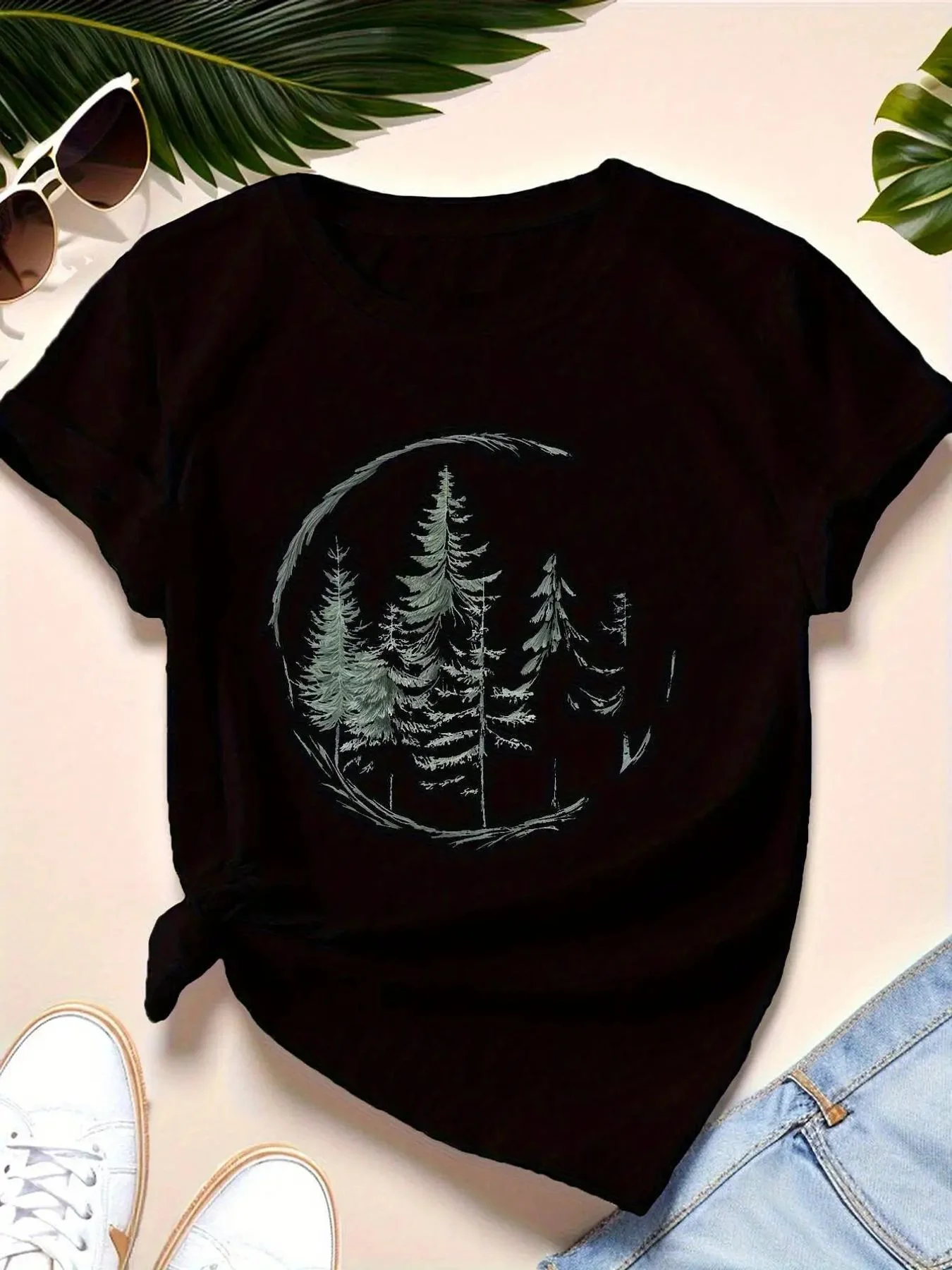 Casual Short Sleeve Crew Neck Tee with Pine Tree Moon Printed Women's T-shirt  Nature Lovers Minimalist Versatile Casual Top Tee