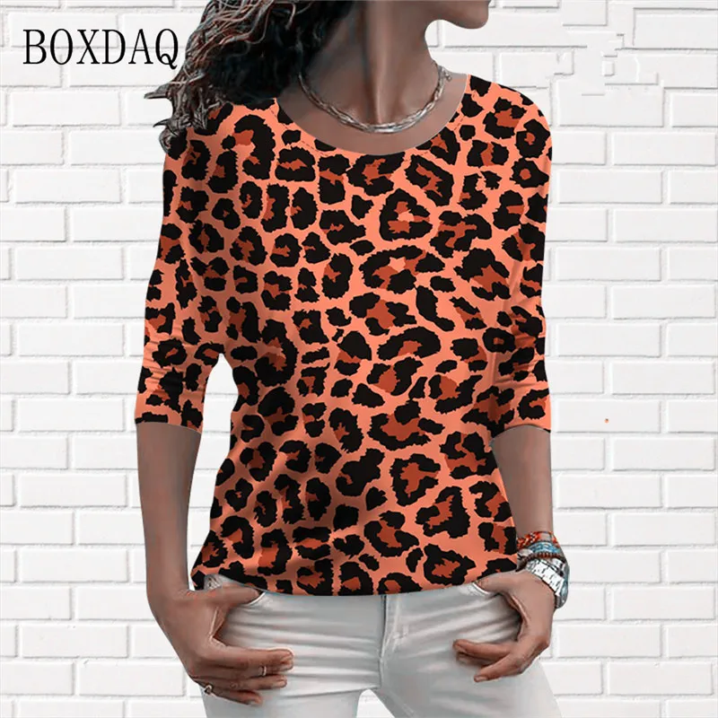 Long Sleeve Leopard Graphic Women T-shirts Spring Autumn 3d Print Streetwear Ladies Tees Loose Casual Female Tops Big SIze 6XL