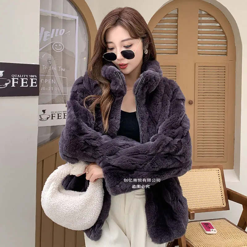Cappotto da donna in vera pelliccia di coniglio naturale stile corto, colletto alla coreana, maniche lunghe, giacca autunno inverno