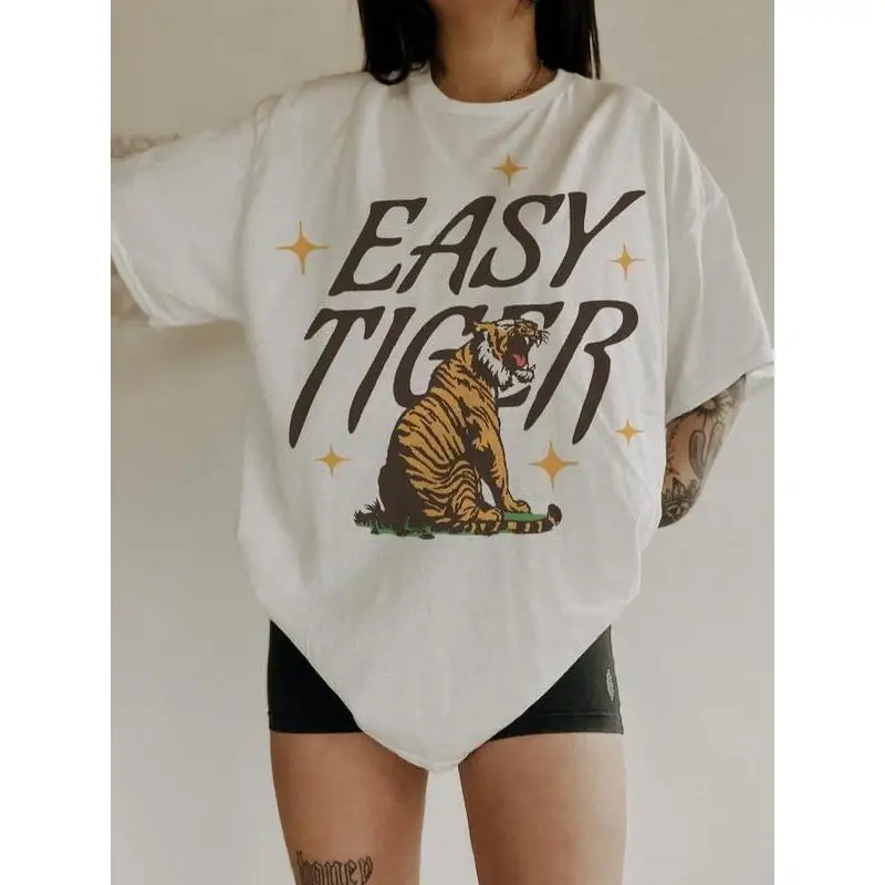 

Футболка Easy Tiger, модная эстетика, футболка с рисунком, футболка с рисунком в винтажном стиле, Y2K, повседневная футболка, на лето