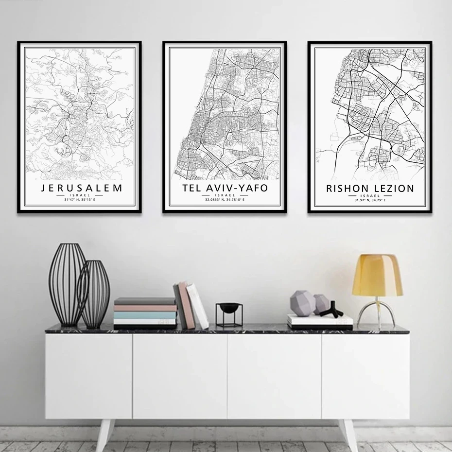 

Israel Cities Maps Tel Aviv Yafo Black White Minimalist Posters Prints Canvas Paintings Picture Living Room Modern Home Decor