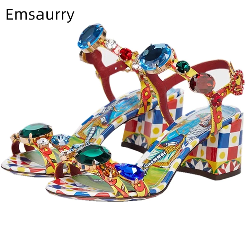 

Exotic Style Print Sandals Women Luxury Diamond Rhinestone Decor Ankle Strap Summer Shoes For Girls