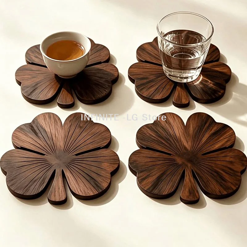 4Pcs 2D Flat Palm Leaf Wooden Coasters, Luxurious Desktop Protection Coaster Set For Coffee And Tea Cups DecorationINFINITE -LG