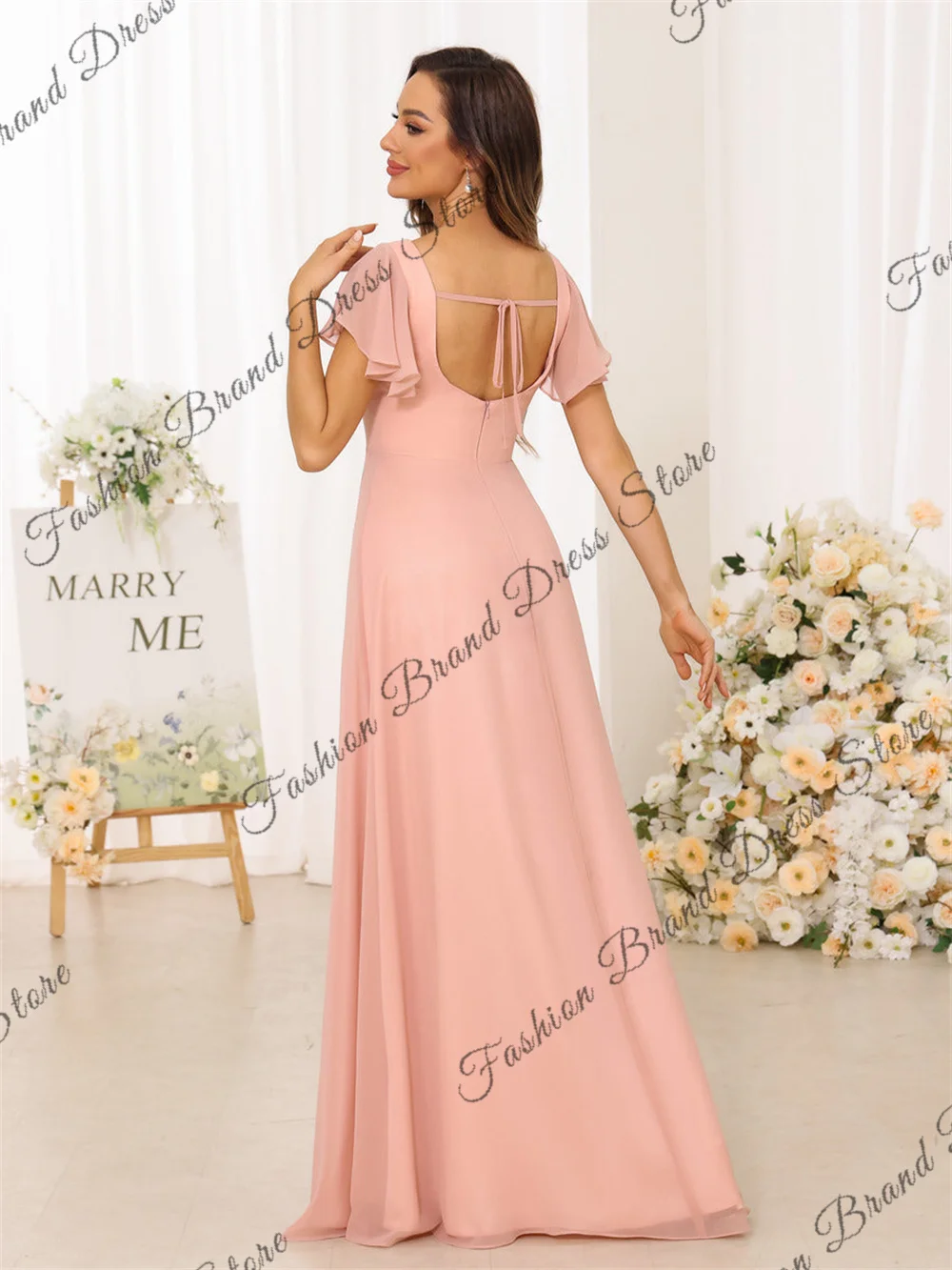 Off-the-shoulder Square Collar Chiffon Bridesmaid Dresses Shrot Sleeves Backless Corset Formal Ball Gowns A-line Long Prom Dress