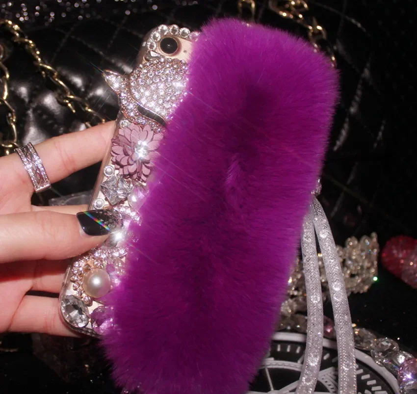 Luxury Soft fluffy Rabbit Fur Bling Diamond Fox Head Flower Pearl Phone Case For iPhone14 16 12 13 15Pro Max XR XS 16Plus Case