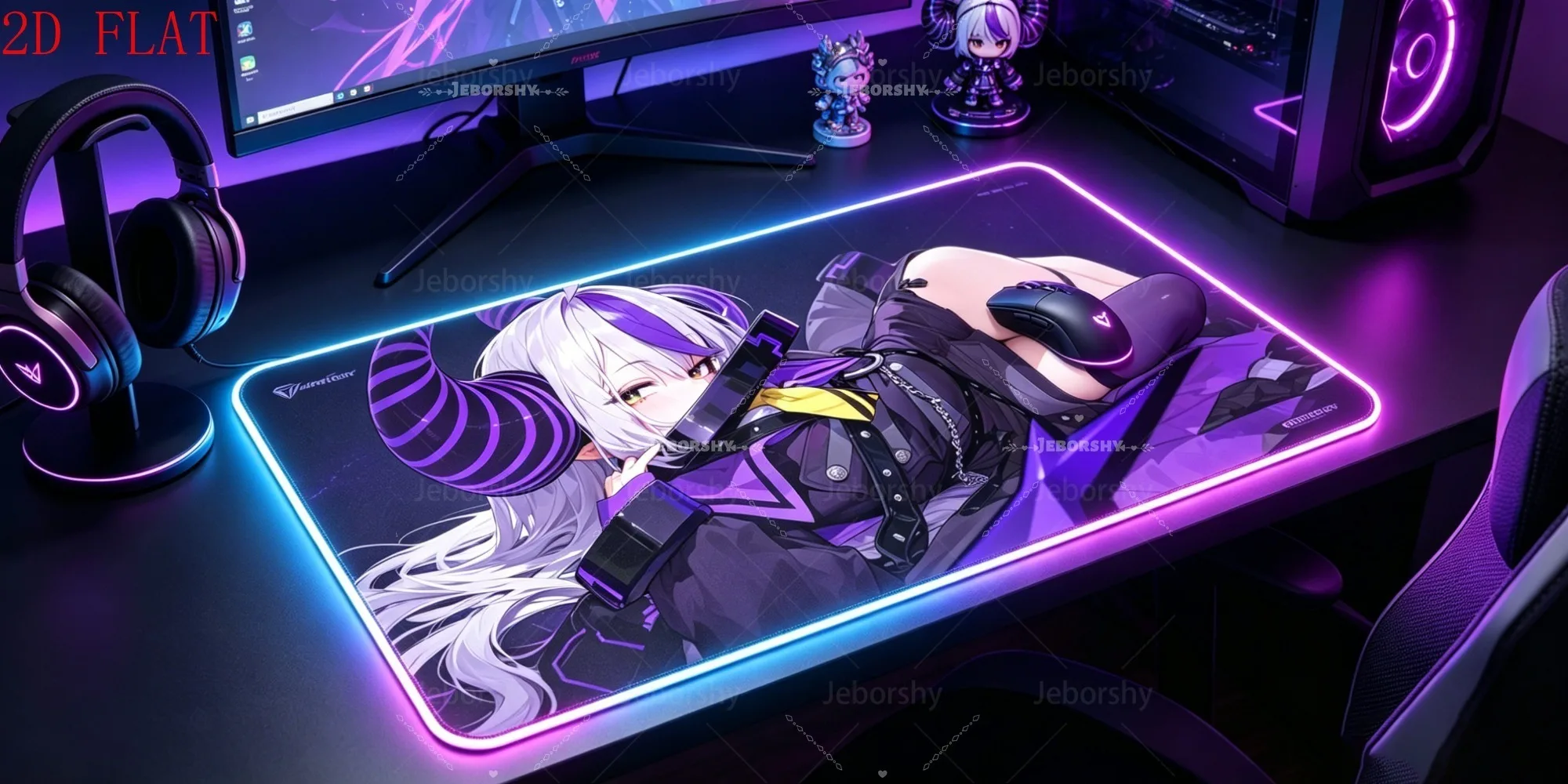 

RGB LED Gaming Mouse Pad with Anime Demon Girl Design, Large Non-slip Desk Mat