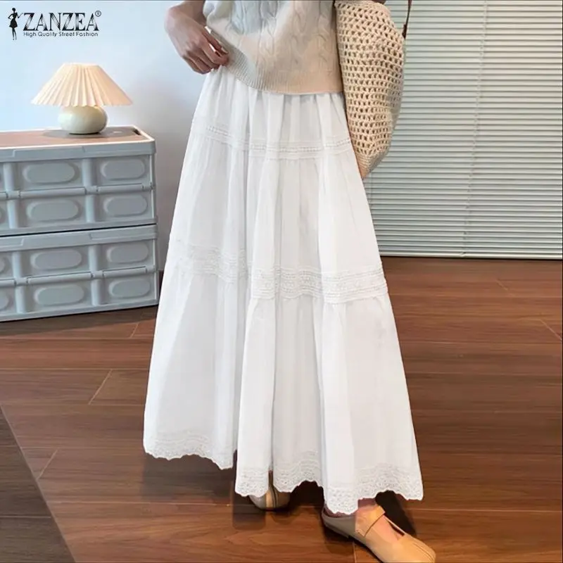 

Модные женские длинные юбки ZANZEA, летние и весенние однотонные юбки с кружевными вставками, уличная одежда, повседневные юбки А-силуэта для офиса и вечеринок