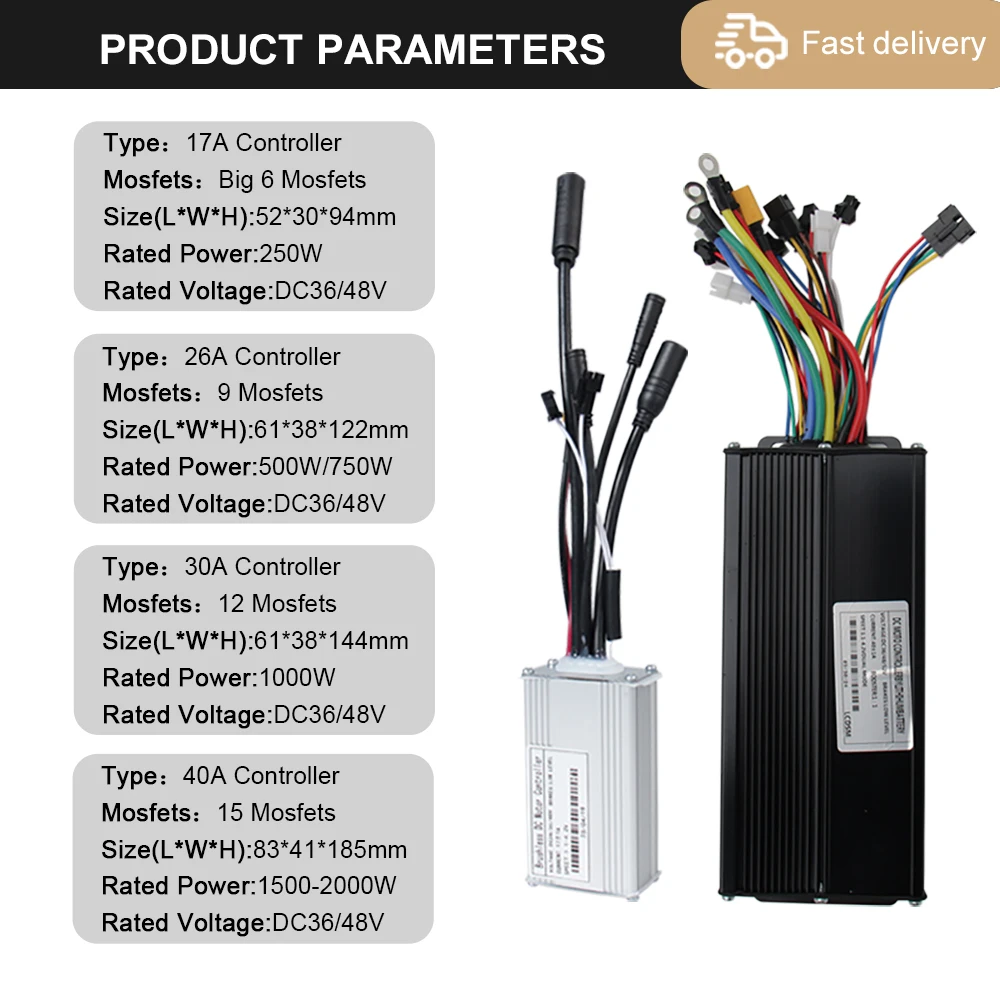 Three-Mode Ebike Sine Wave Controller 17A 26A 30A with Learning Function ，For Hall and Hall Free Hub Motor