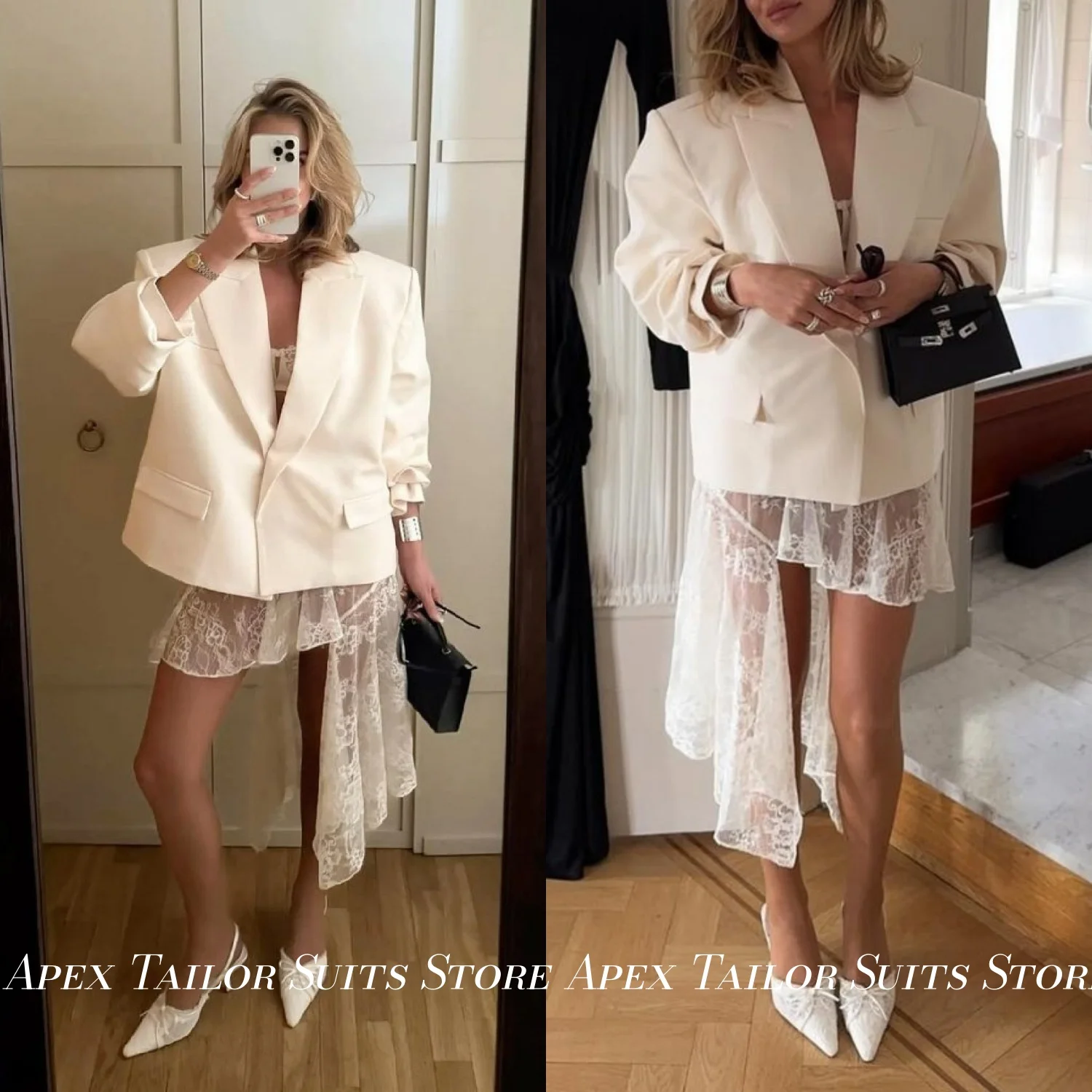 Women Suit Oversized Blazer Asymmetrical Lace Skirt Set Wedding Guest Evening Cocktail Party Formal Fashion Outfit 2Pcs Set