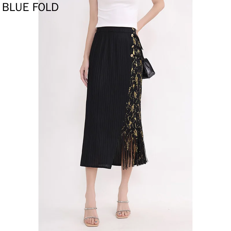 Miyake Pleated New Chinese Retro High Waist Buttoned Skirt Temperament Casual One-step Skirt Wrapped Hip Skirt Elastic Waist