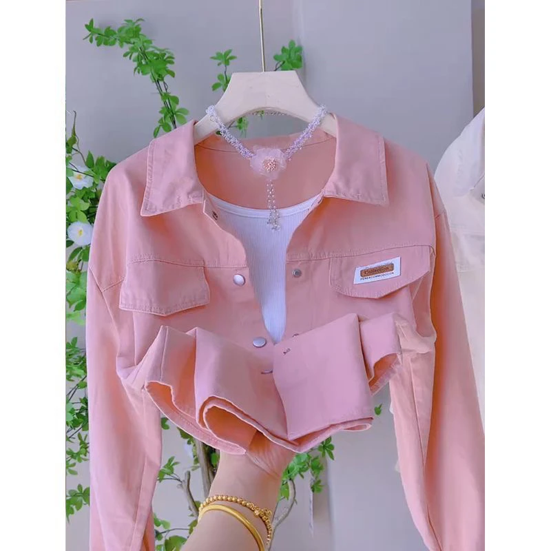 

Розовая повседневная куртка из чистого хлопка для женщин, весенняя новинка, маленький размер, трендовая, омолаживающая, для отдыха, популярная модель этого года