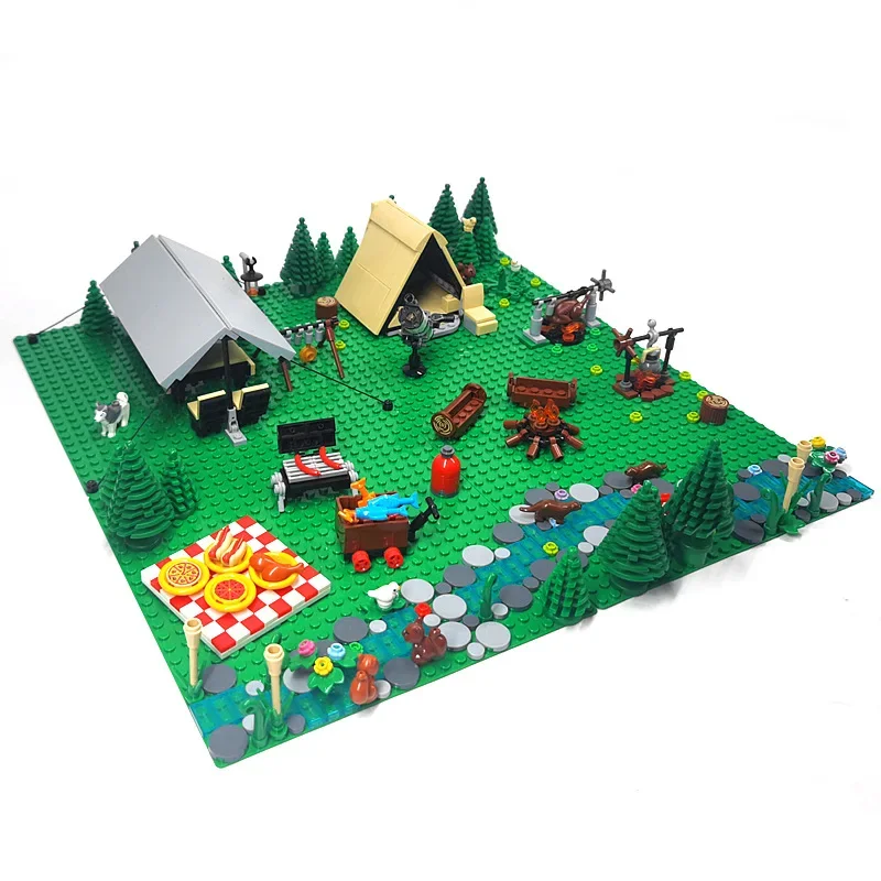 MOC Outdoor Camping Picnic Equipment Tent Camp Light Scene Barbecue Grill Chicken Rolls Table Folding Chair Building Block Toy