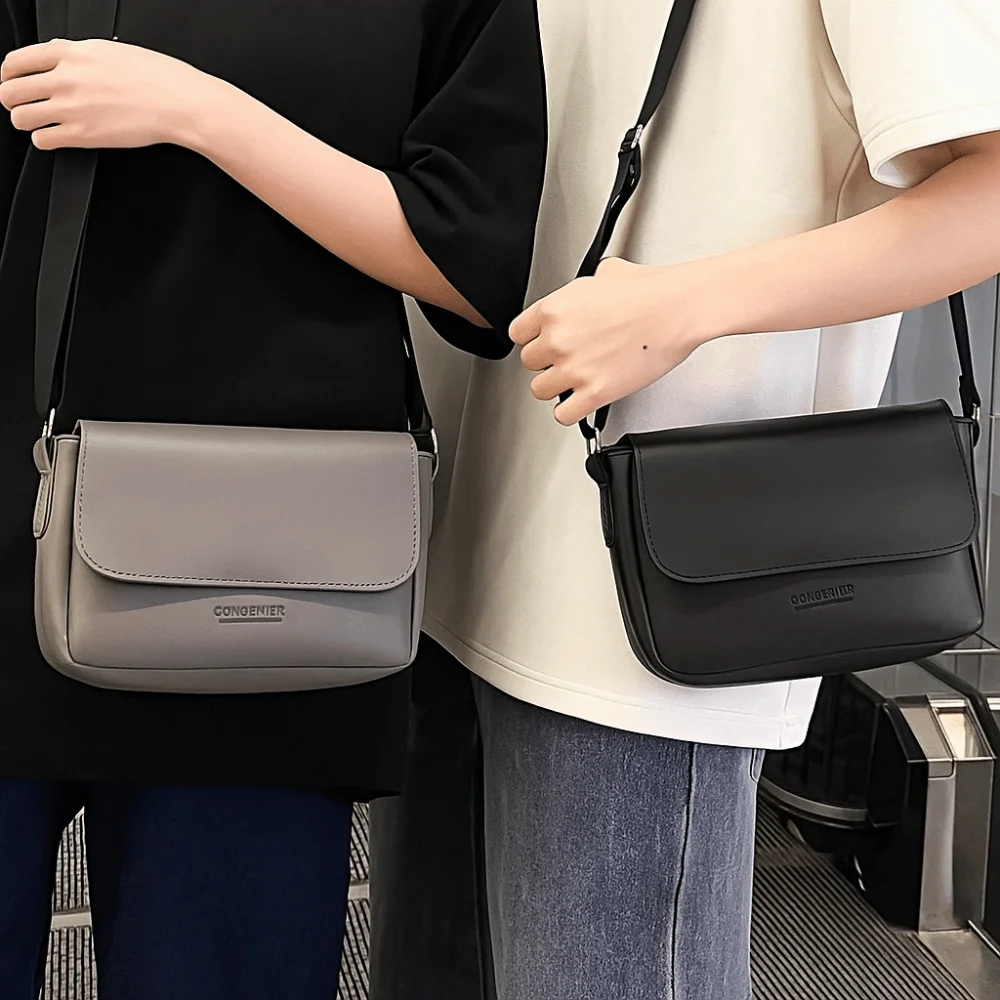 

Square Men's Messenger Bag Solid Color Adjustable Strap PU Leather Shoulder Bag Minimalist Large Capacity Crossbody Bag Office