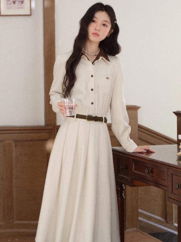 ALXNAN Shirt Dress Buttons Autumn Winter Patchwork Belt Woman Long Sleeve Dress Elegant Official Commuter Ladies Clothing L58127