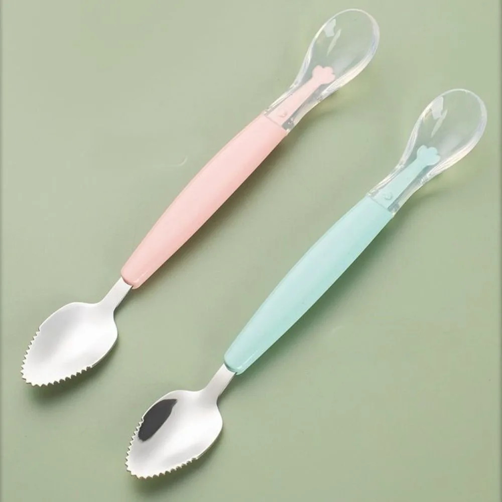 Double Head Baby Cutlery Feeding Spoon Silicone Stainless Steel Baby Fruit Scraping Mud Spoon Multifunctional
