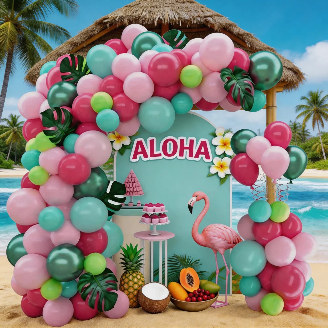 113-teiliges Hawaiianisches Themen-Ballonbogen-Set, Rosenrot, Rosa und Grün Tropische Partydekoration, Sommer Strand Geburtstagsfeier Deko – Detail 1