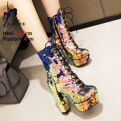 Golden Short Boots Women Platform Heels Glitter Bling Round Side Zip Block Heel Shoes Gold Silver Green Size 34-43 Botas Mujer