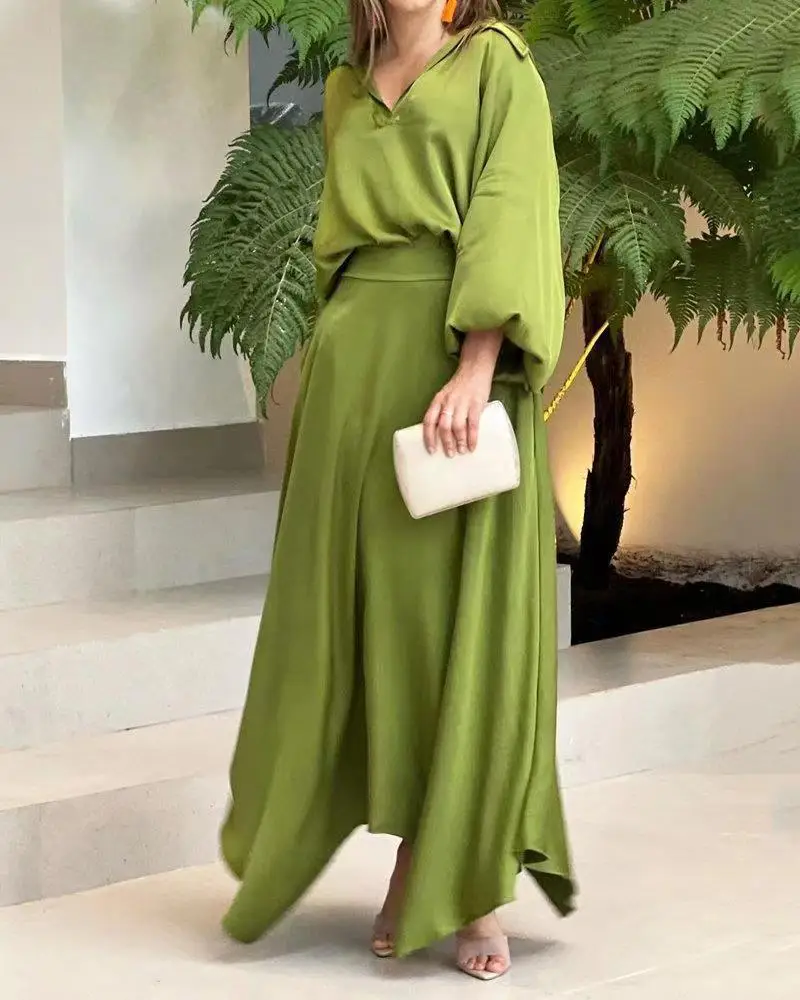 Autumn Women's Suit Loose Large Size Solid Color Long Sleeve Top And High Waist Skirt Sets Lady Fashion Two-Piece Set