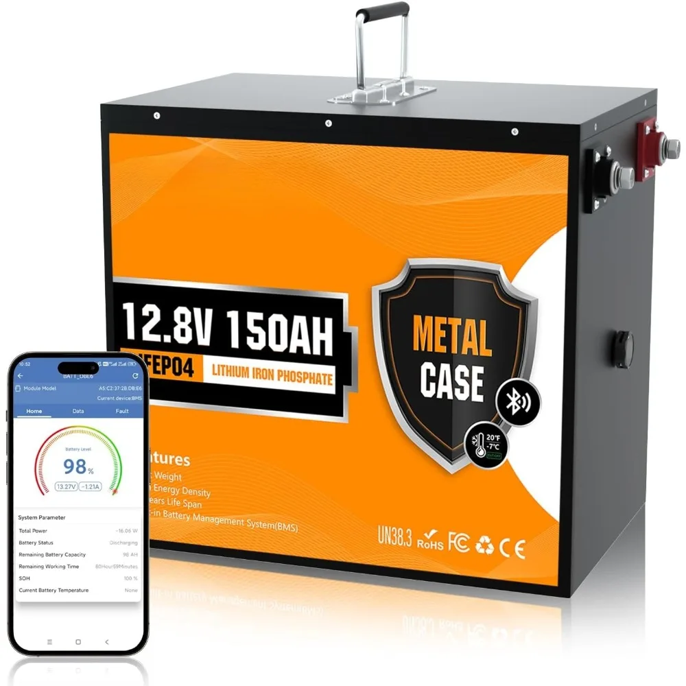 

12V 150Ah Bluetooth LiFePO4 Lithium Battery with Low-Temp Protection, Safer Metal Shell, Rechargeable Deep Cycle Battery