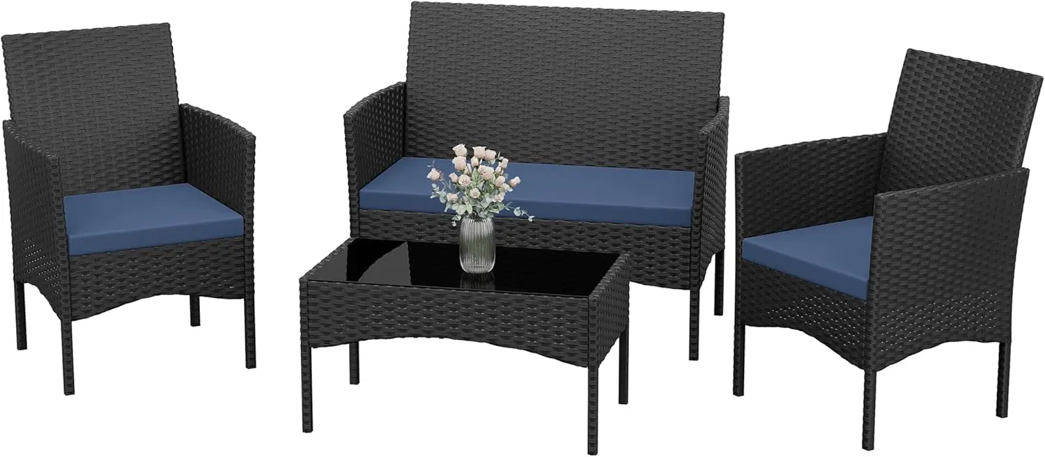 

Patio Furniture Set 4 Pieces Outdoor Wicker Rattan Chairs Conversation Sets W/Coffee Table, Rocking Bistro Set