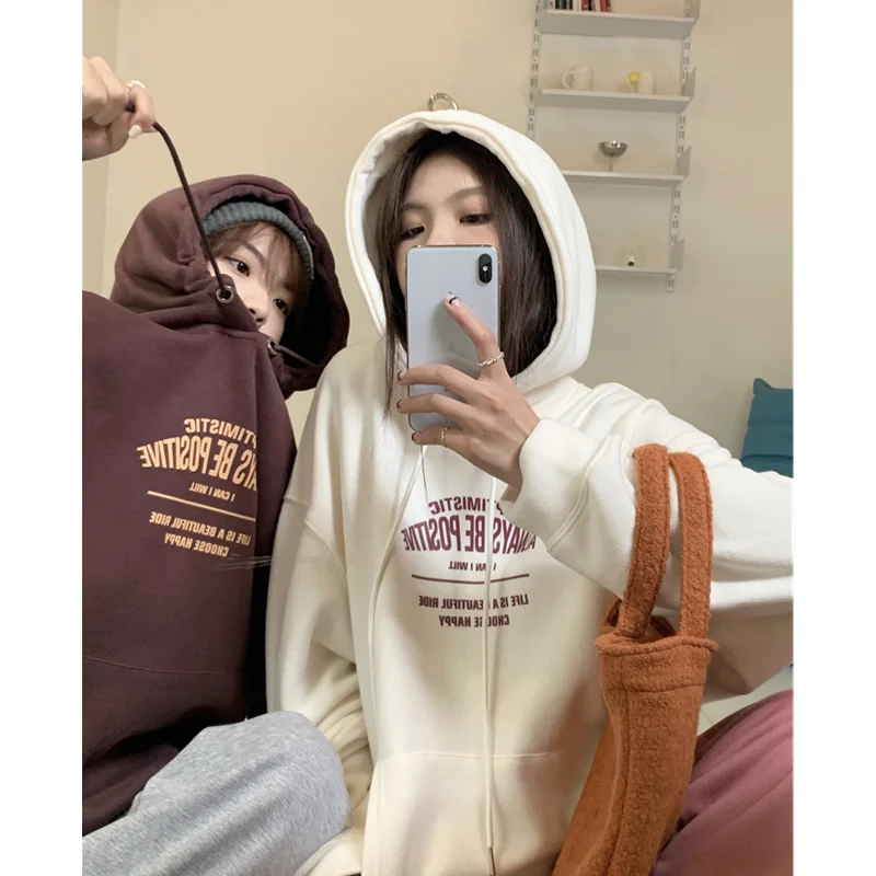 Brown Sweatshirt Women Hooded Letter Printing Fashion Hip Hop Oversized Leisure Loose Winter New Long Sleeves Tops Pullover