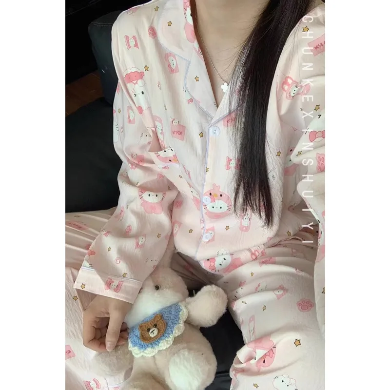 

Pink Hello Kitty sweet pajamas, spring and autumn cartoon cute casual loungewear set, Sanrio pink Hello Kitty loungewear