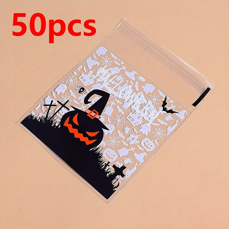 50 Stück Halloween-Kürbis-Geister-Fledermaus-Muster Selbstklebende Plastiktüten für DIY Hausgemachte Kekse Party Schmuck Feiertagsgeschenke – Detail 6