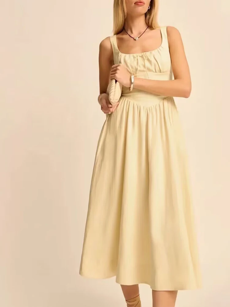 

European and American style summer new women's clothing French solid color sleeveless square neck waist long dress