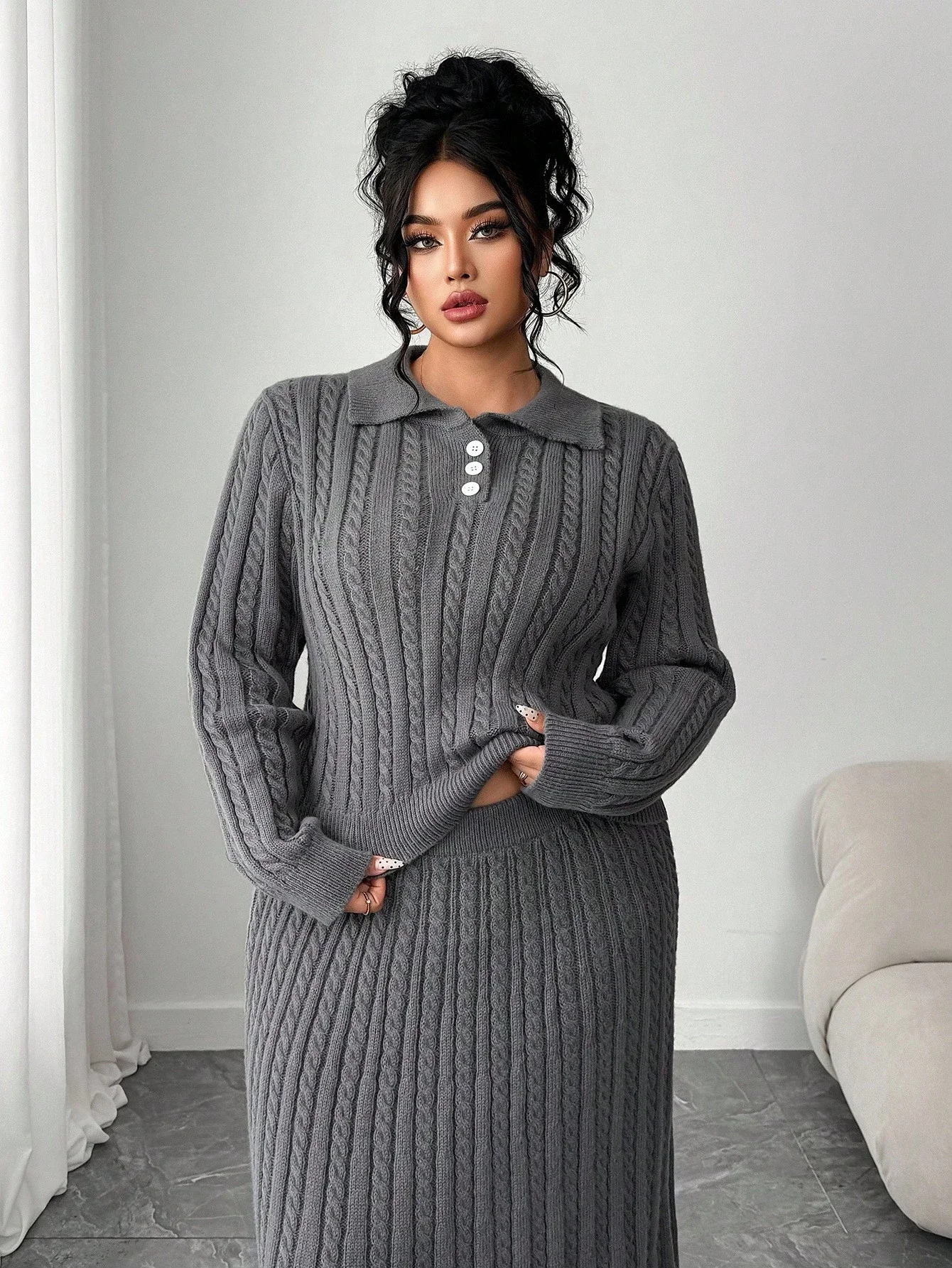 

Women's Cable Knit Long Sleeve Button-Up Sweater Set Loose Fit Midi Skirt Autumn Winter