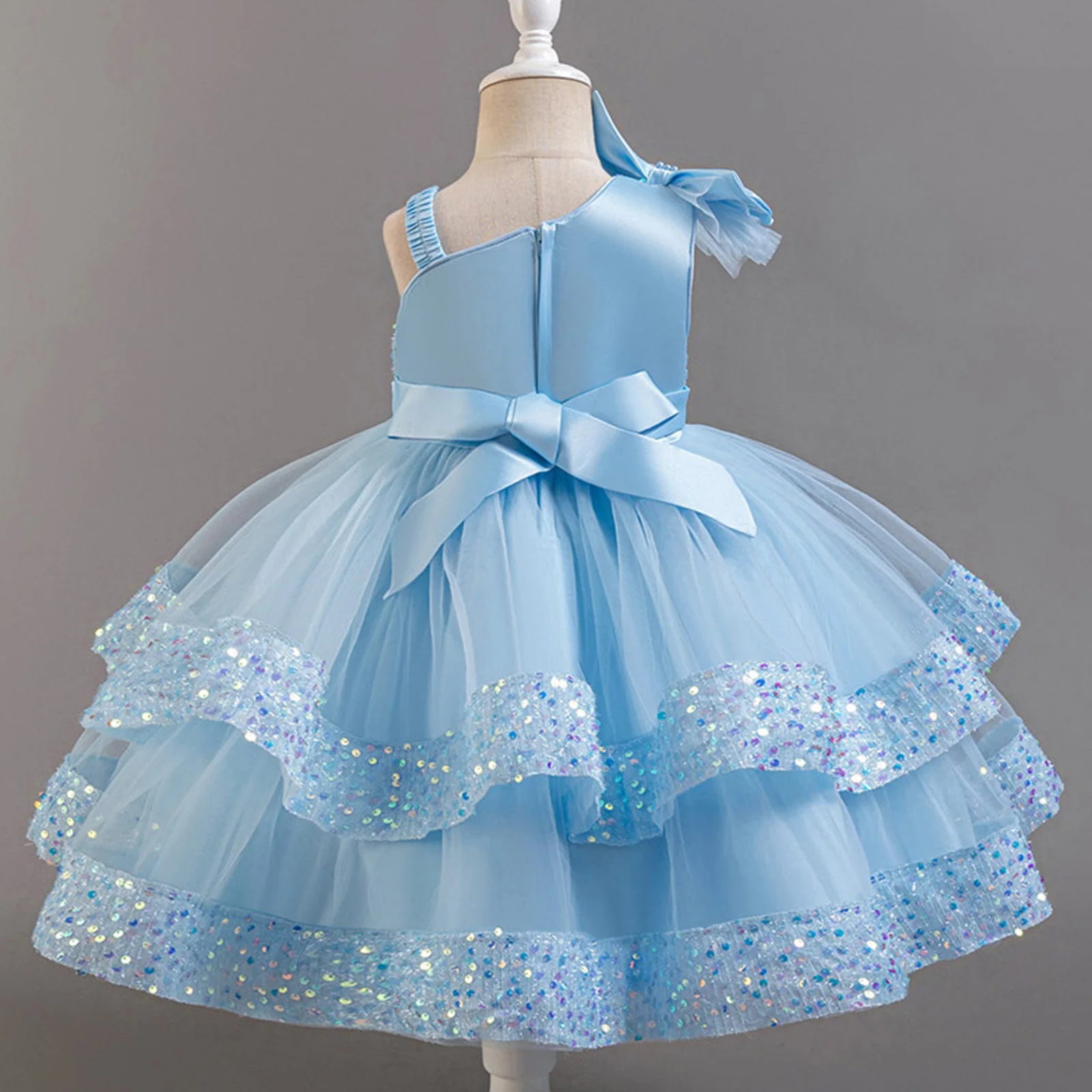 Vestido infantil de princesa com lantejoulas para meninas, vestido de festa de aniversário com flores para casamento, sem mangas, malha com laço