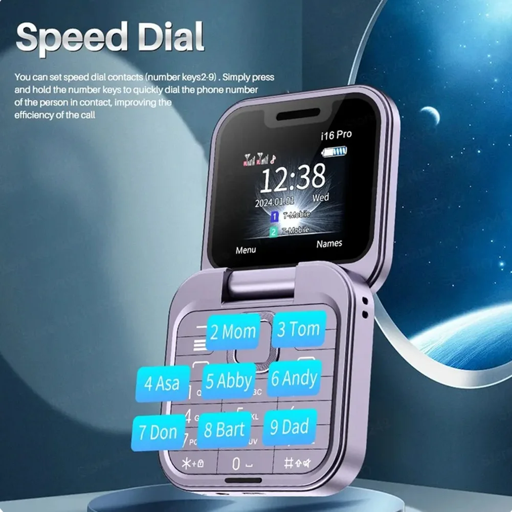 i16Pro Foldable Mobile Phone Earphone Auto Call Record Speed Dial FM Radio Dual SIM Card HD Rear Camera Automatic Call