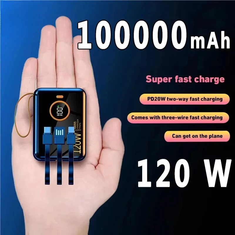 Mini PD120W Built-In Power Bank 100000mah Large Capacity USB Type-C Cable Two-Way Super Fast Charger Powerbank For Iphone