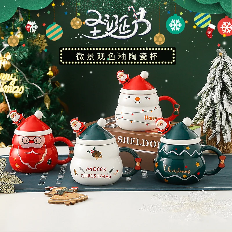 Kreative Weihnachtsgeschenke: Keramiktassen mit Deckel, Löffel, Schneemannbecher mit großem Fassungsvermögen, Weihnachtsmann-Wasserbecher