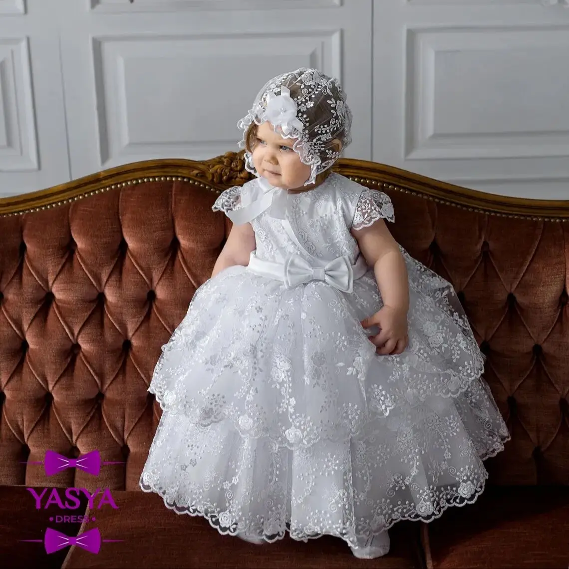 Vintage White Baby Christening Gowns Lace Tiered Ball Gown Girls Baptism Sash Newborn Kids Birthday First Communion Dresses