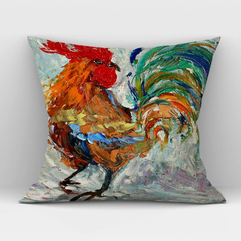 Colorful Oil Painting Cock Cushion Cover Rooster Decorative Pillow Case Car Sofa Linen Decor Pillowcase 45x45CM