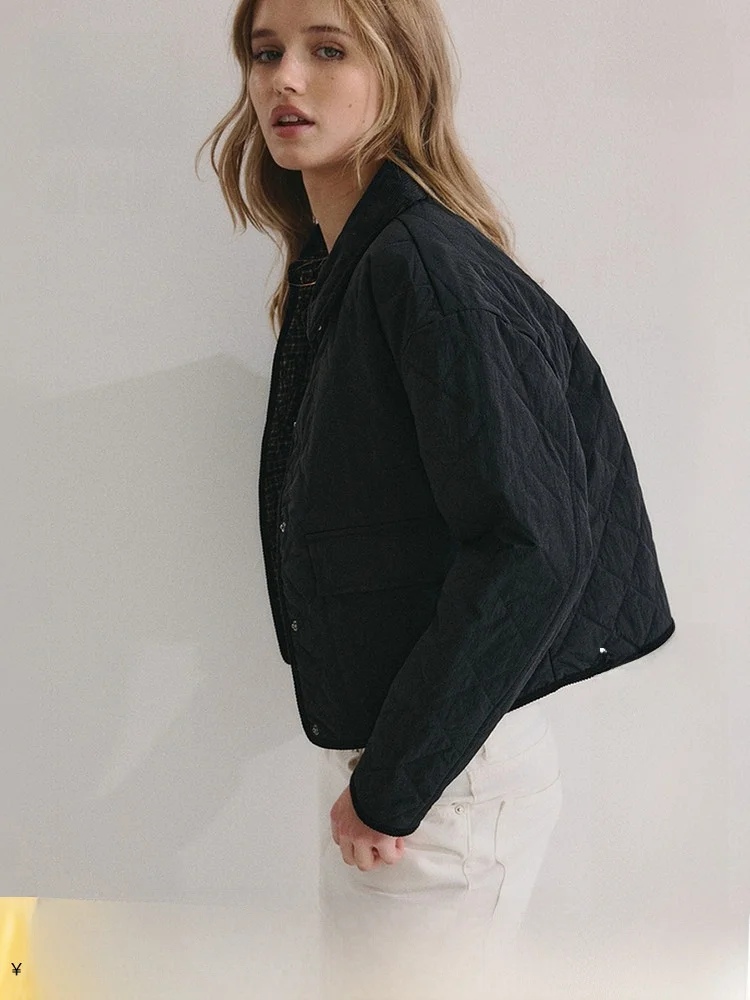 

Женская зимняя куртка H&M из хлопка и вельвета с нейлоновыми вставками, стеганая, с отложным воротником, на одной пуговице, прямого кроя