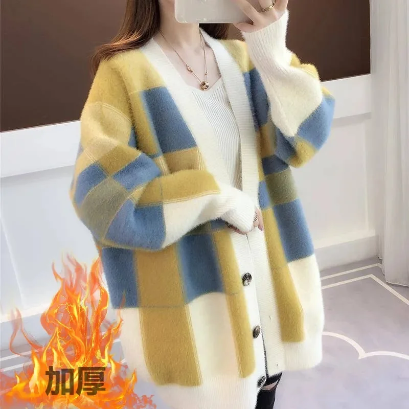 Lady Lmitation Mink Fur Sweaters 2024 Women V-neck Medium Long Styles Knitting Top Spring Autumn Female Large Size 4XL Knitwear