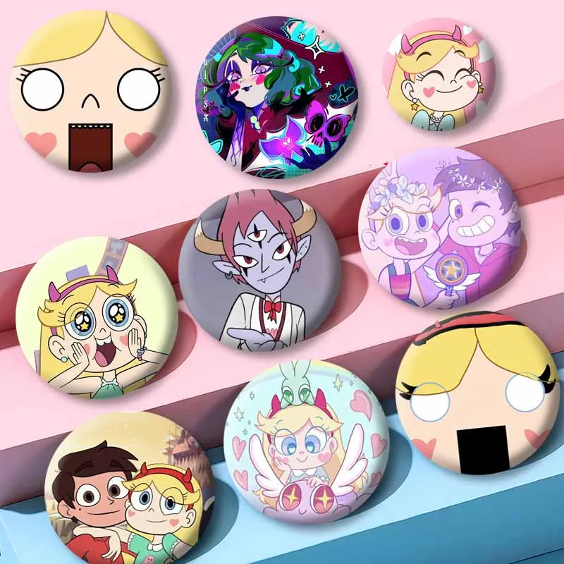 Cute Anime Star Vs The Forces of Evil Badge Cartoon Role Playing Enamel Pins Round Brooch Shoulder Bag Collar Accessories Gifts