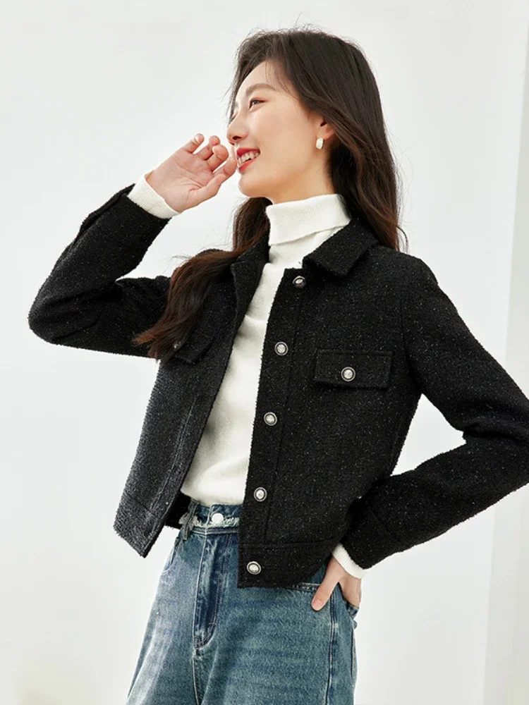 VIMLY Bright Silk Wool Blend Black Tweed Coats Winter Single Breasted Short Jacket for Women 2023 Fashion Straight-cut Outerwear