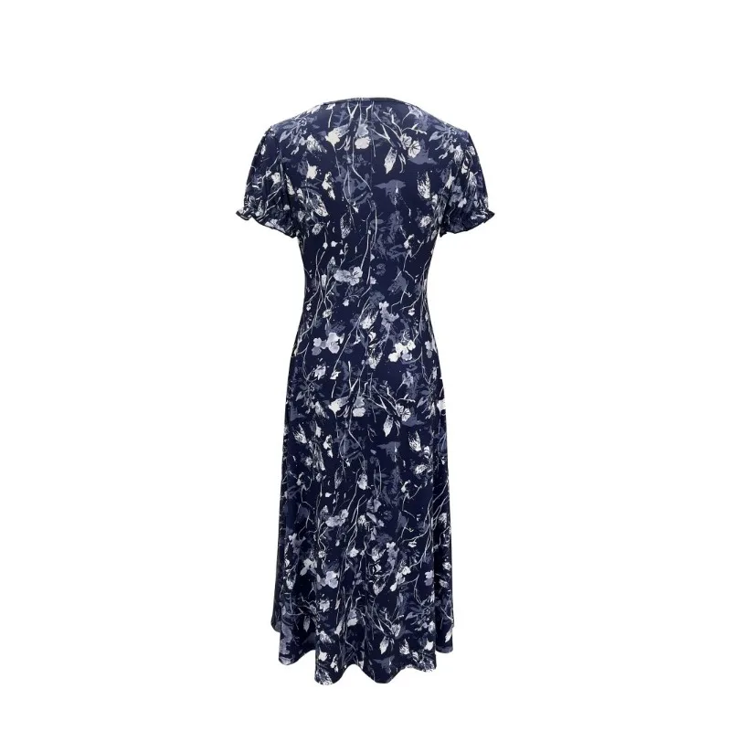 European and American New Summer Style Round Neck Pocket Short Sleeve Trendy Printed Long Dress Elegant and Graceful Dress