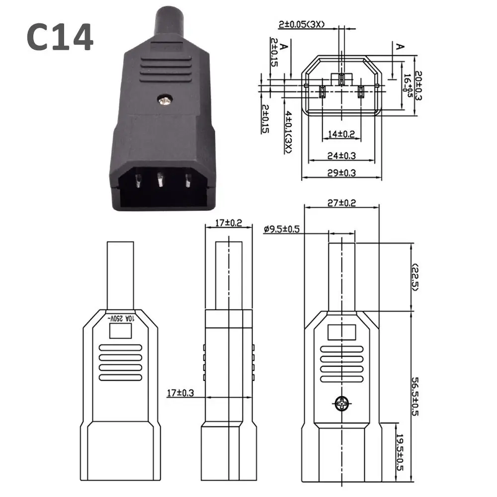 3Pcs Power Connector AC Plug Socket 320 Straight C13 C14 Male Female AC Power Connector 10A 250V. Rewirable