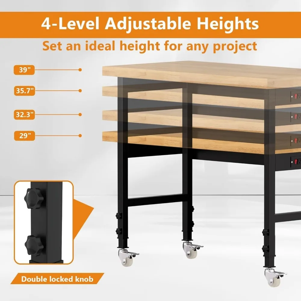 Heavy-Duty Adjustable Height Solid Wood Workbench with Wheels and Power Outlets, 2000 LB Capacity for Industrial Use