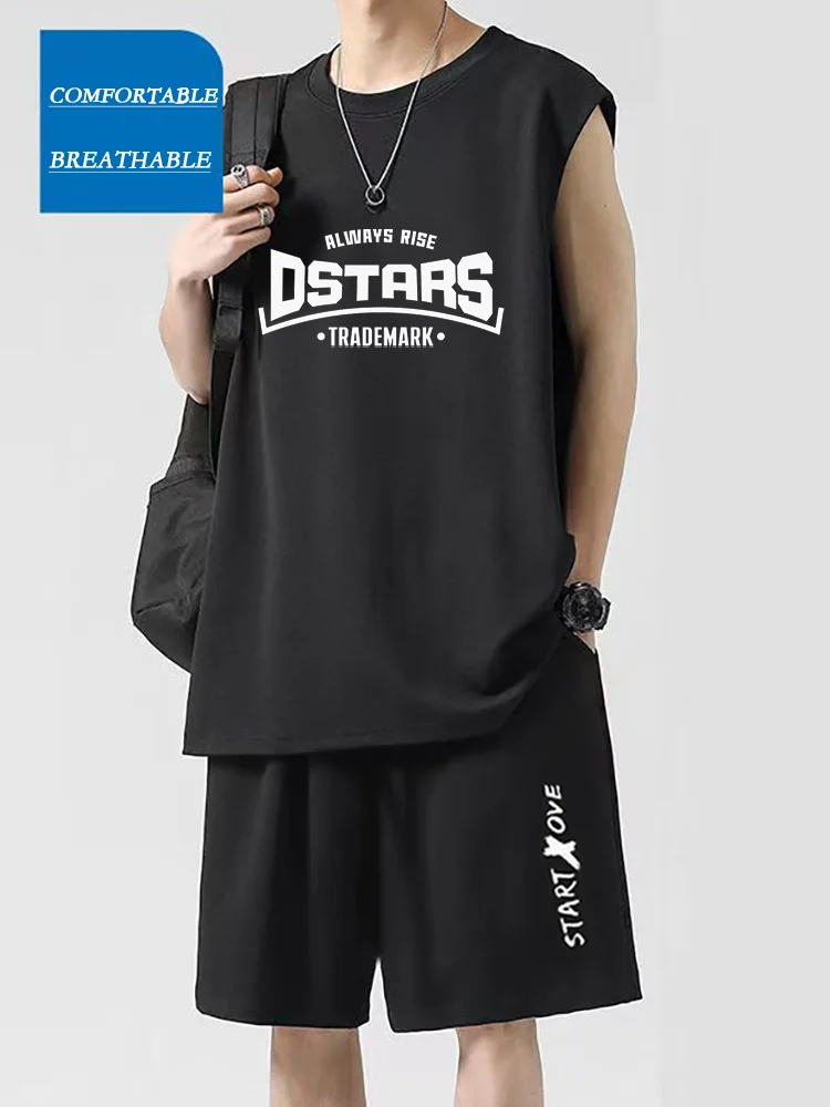 

Men's Summer Sleeveless Thin Quick-drying Shorts, Paired with A Round-neck Fashionable Printed T-shirt, Are Perfect for Running