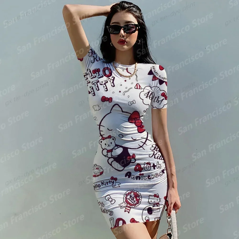 Summer New Dress Girl Hello Kitty Printed Short Sleeve Dress Mother Children Parent-Child Dress Party Beach Casual Dress