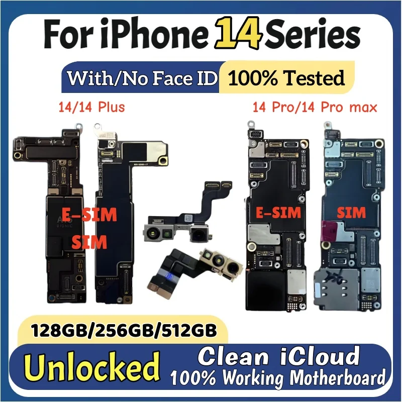 Placa base 100% probada para iPhone 14 Pro Max con/sin identificación facial placa lógica desbloqueada para iPhone 14 Plus placa base iCloud limpia