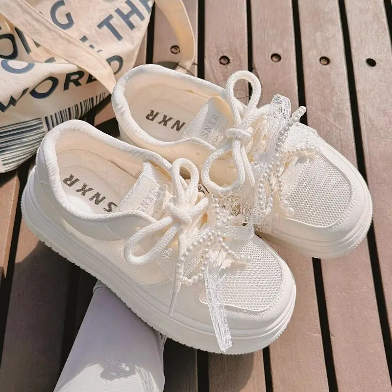 

Campus White Sneakers For Women Summer New Arrival Pearl Hollow Mesh Breathable Versatile Thick Sole Casual Sport Skate Shoes